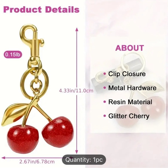 Cherry Keychain Charm - Resin 🍒 with Gold-Tone Metal Clip for Handbag and Purse - Picture 6 of 9
